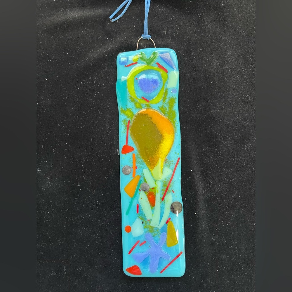 “Magical Garden “Fused Art Glass  Hanging Plaque 10”x3” Aqua Blue - Picture 2 of 9